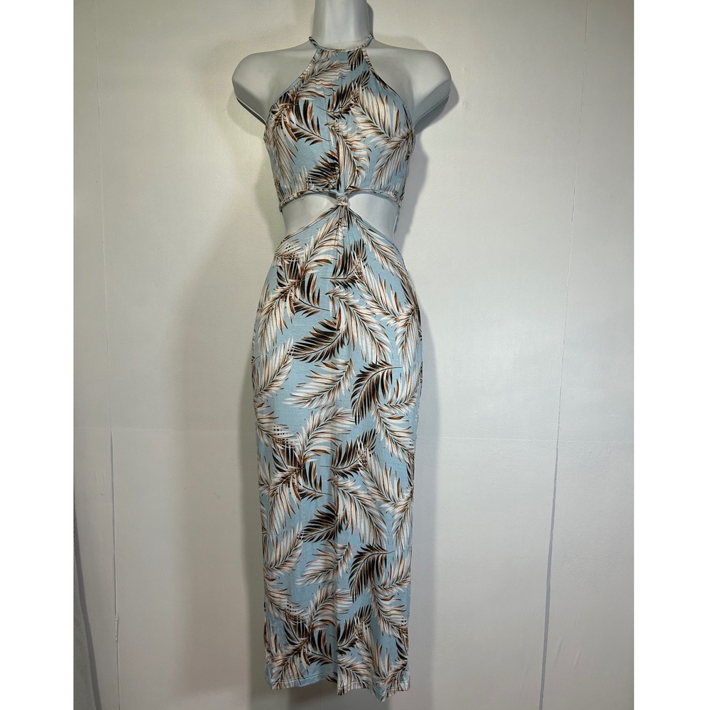 Destination Printed Midi Dress Small Blue Tropical Cutout Resort Beach Vacation